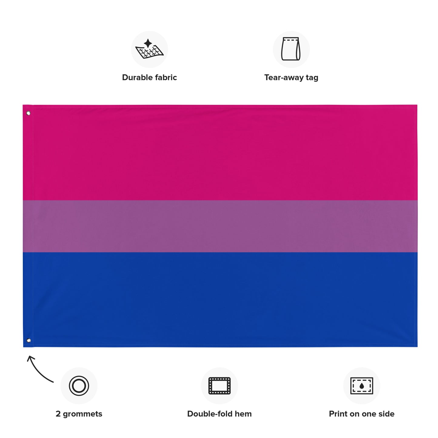 Pistil pride flag with horizontal pink, purple, and blue stripes, shown on a white background with feature callouts for durable fabric, tear-away tag, 2 grommets, double-fold hem, and print on one side.