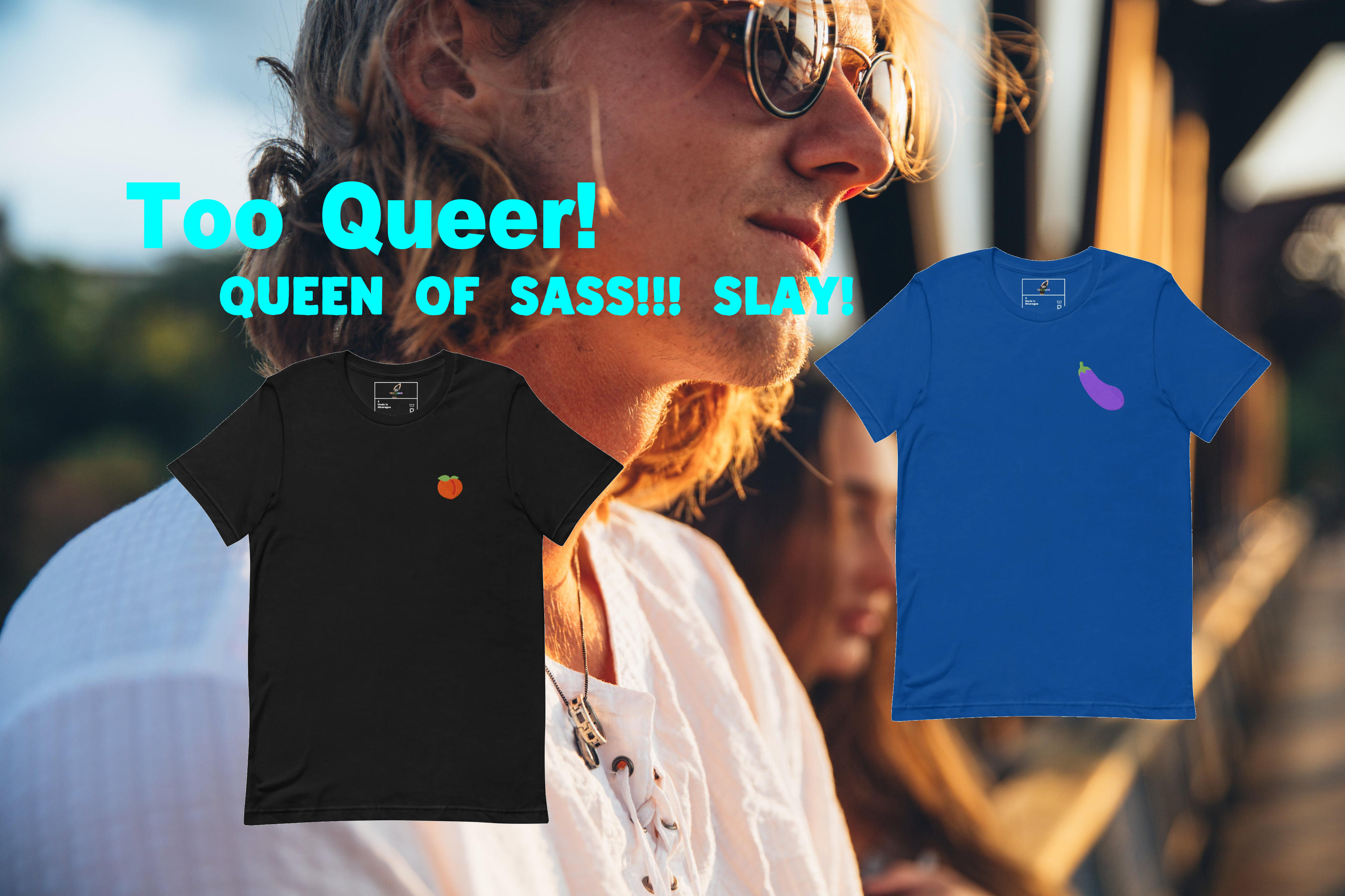 A lifestyle promotional graphic featuring a woman in sunglasses and a white top, with two graphic T-shirts overlaid in front. The left shirt is black with a small orange peach graphic, and the right shirt is blue with a small purple banana graphic.