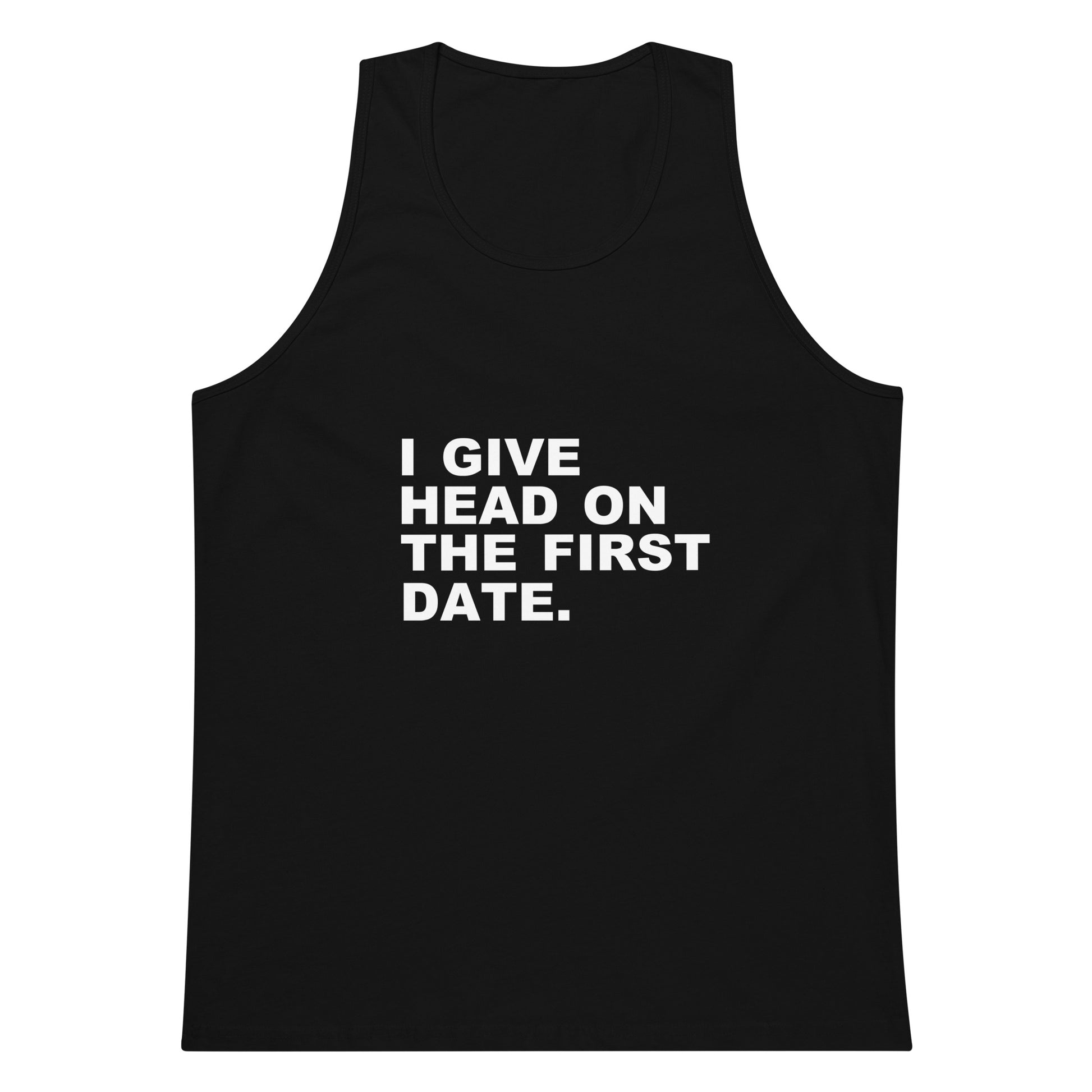 Black tank top with white text on a white background
