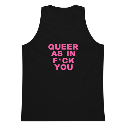 Black tank top with pink text on a white background