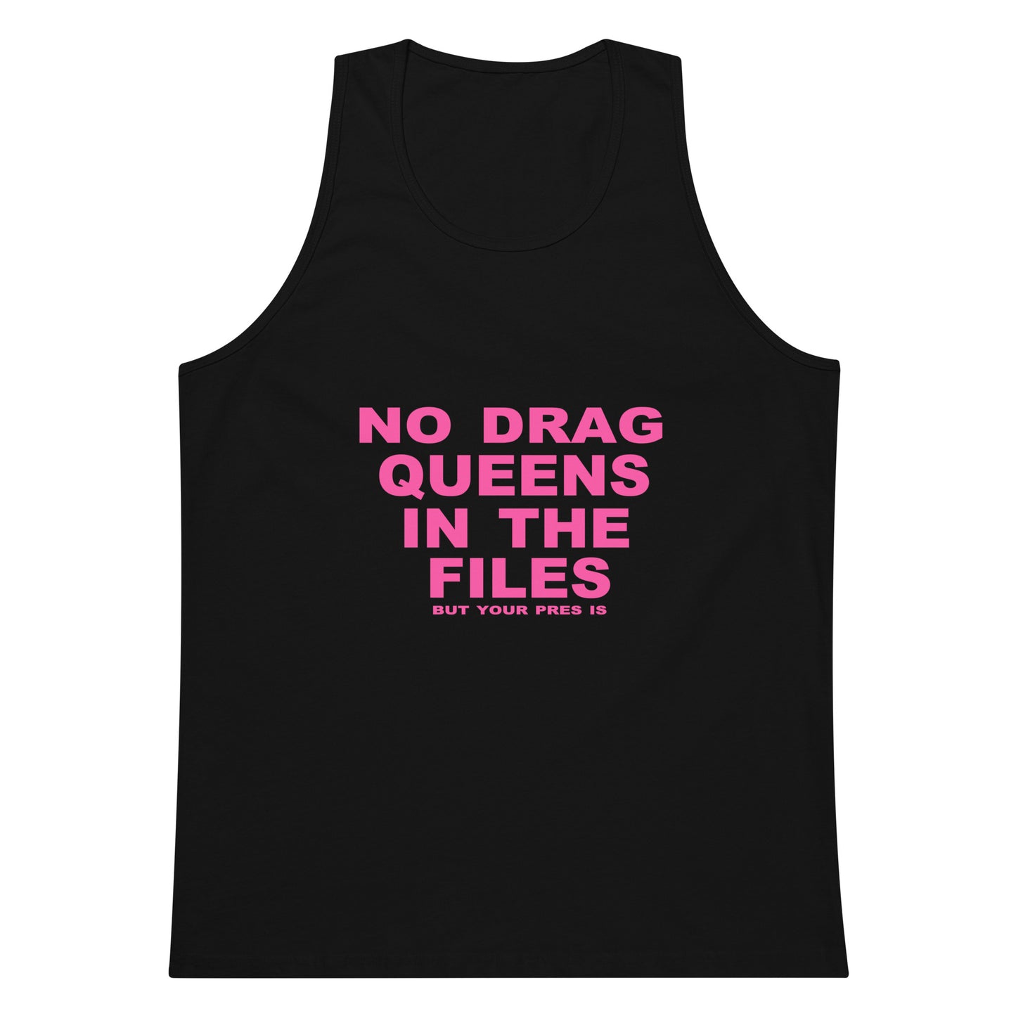 Black tank top with pink text on a white background