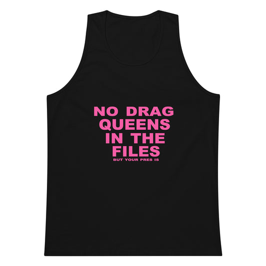 Black tank top with pink text on a white background