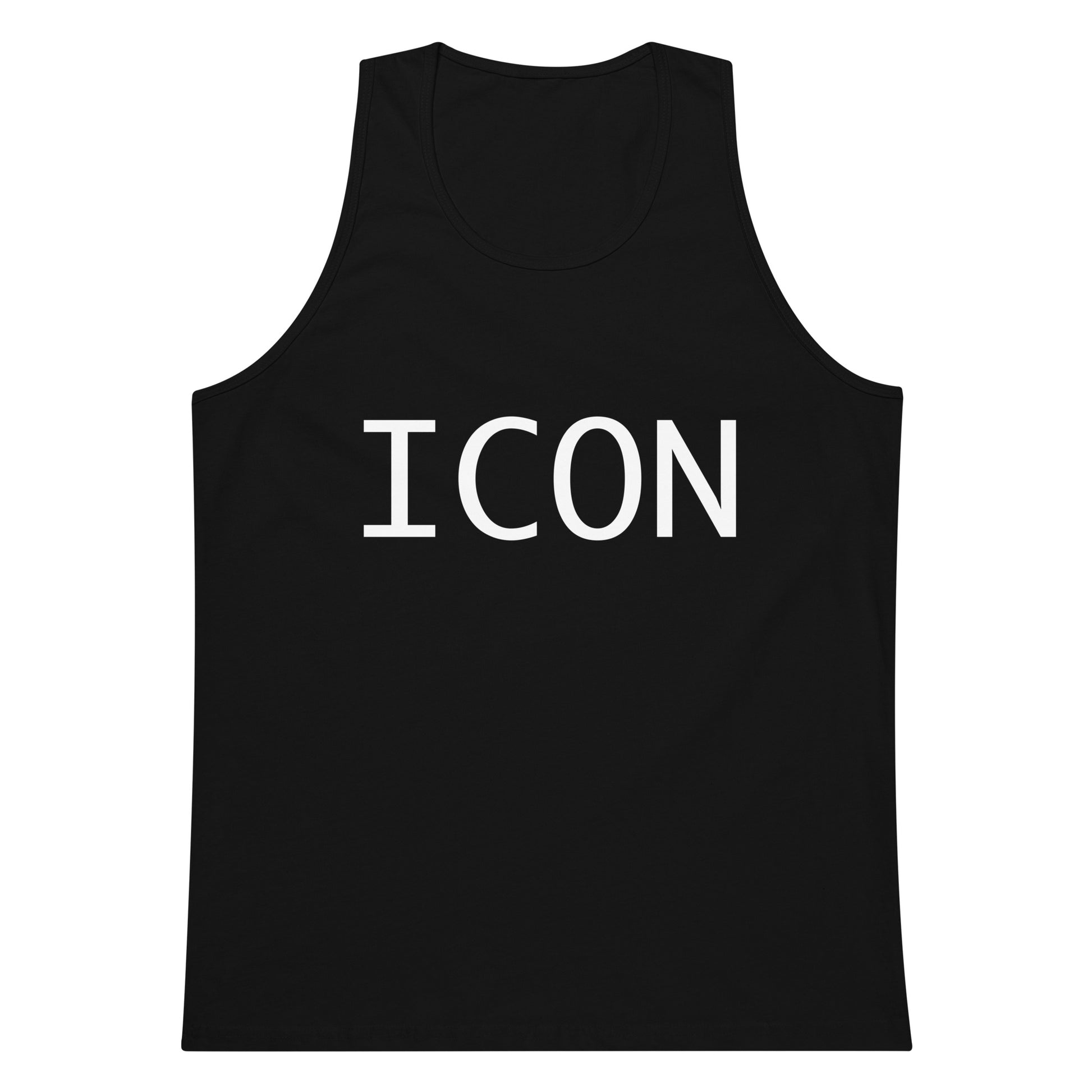 Black tank top with 'ICON' printed on it against a white background