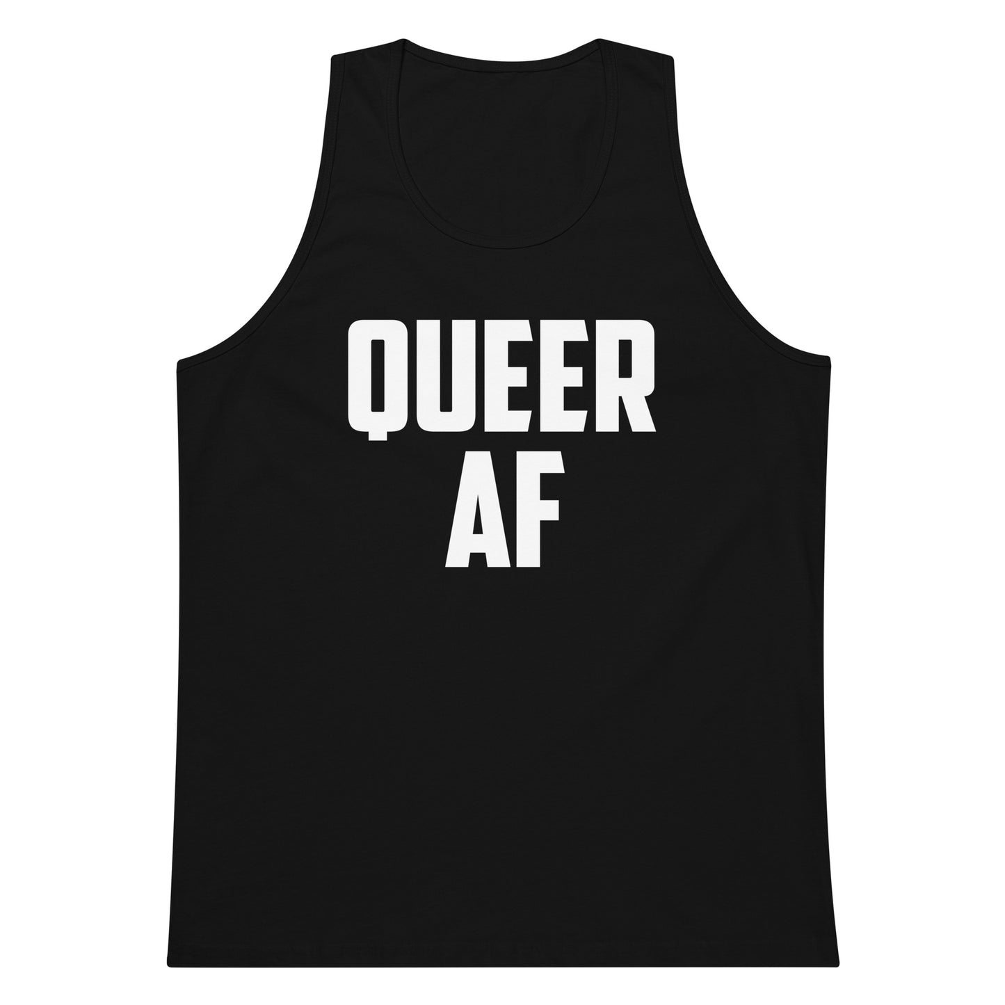 A black sleeveless tank top with the words 'QUEER AF' printed in bold white capital letters across the chest, shown on a plain white background.