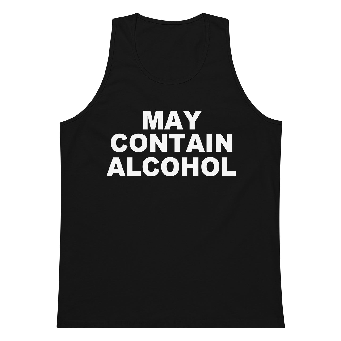 A black sleeveless tank top with the phrase 'MAY CONTAIN ALCOHOL' printed in bold white capital letters across the chest, shown on a plain white background.