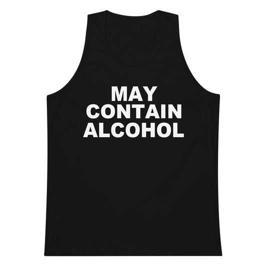 A black sleeveless tank top with the phrase 'MAY CONTAIN ALCOHOL' printed in bold white capital letters across the chest, shown on a plain white background.