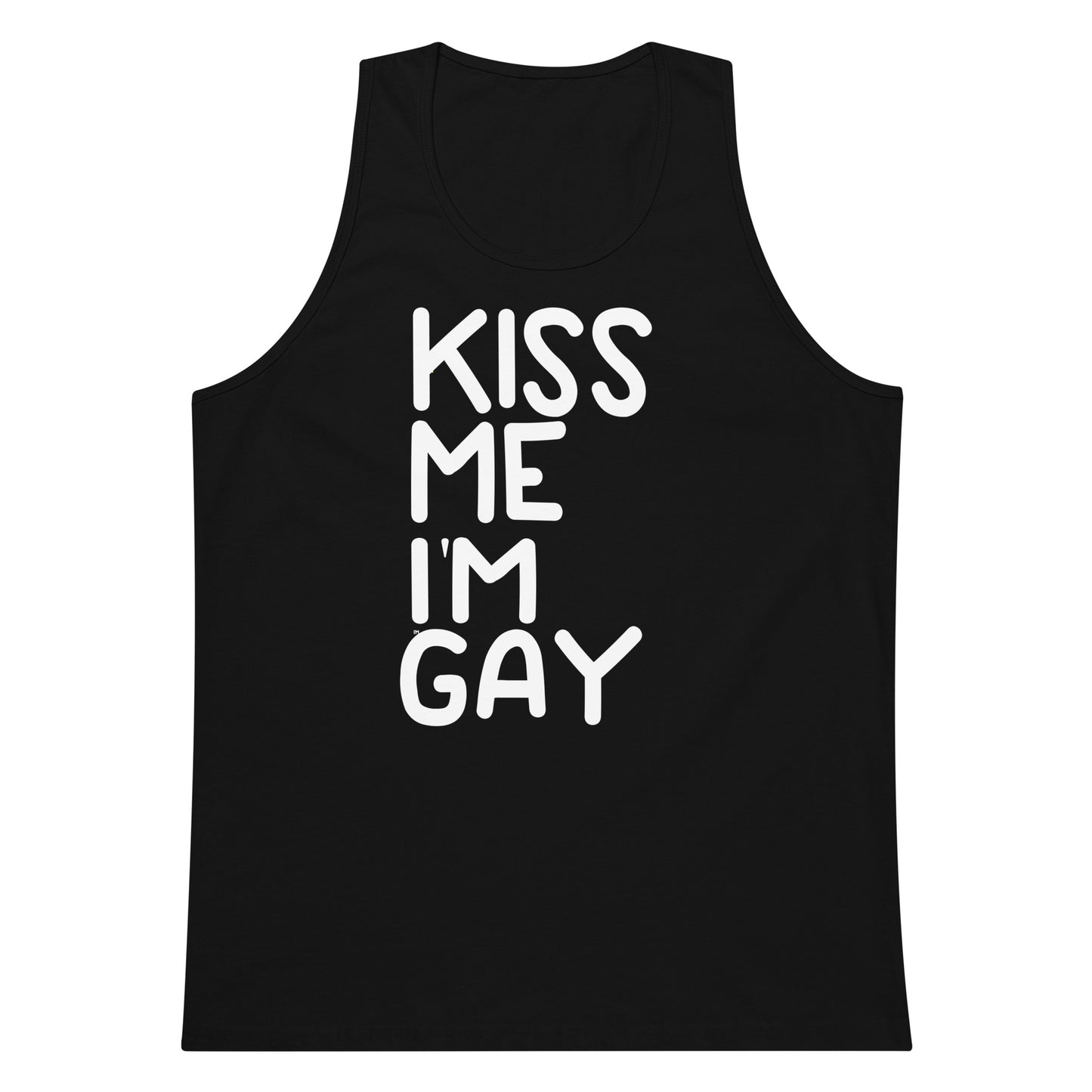 A black sleeveless tank top with the phrase 'KISS ME I'M GAY' printed vertically in bold white letters on the front, shown against a plain white background.