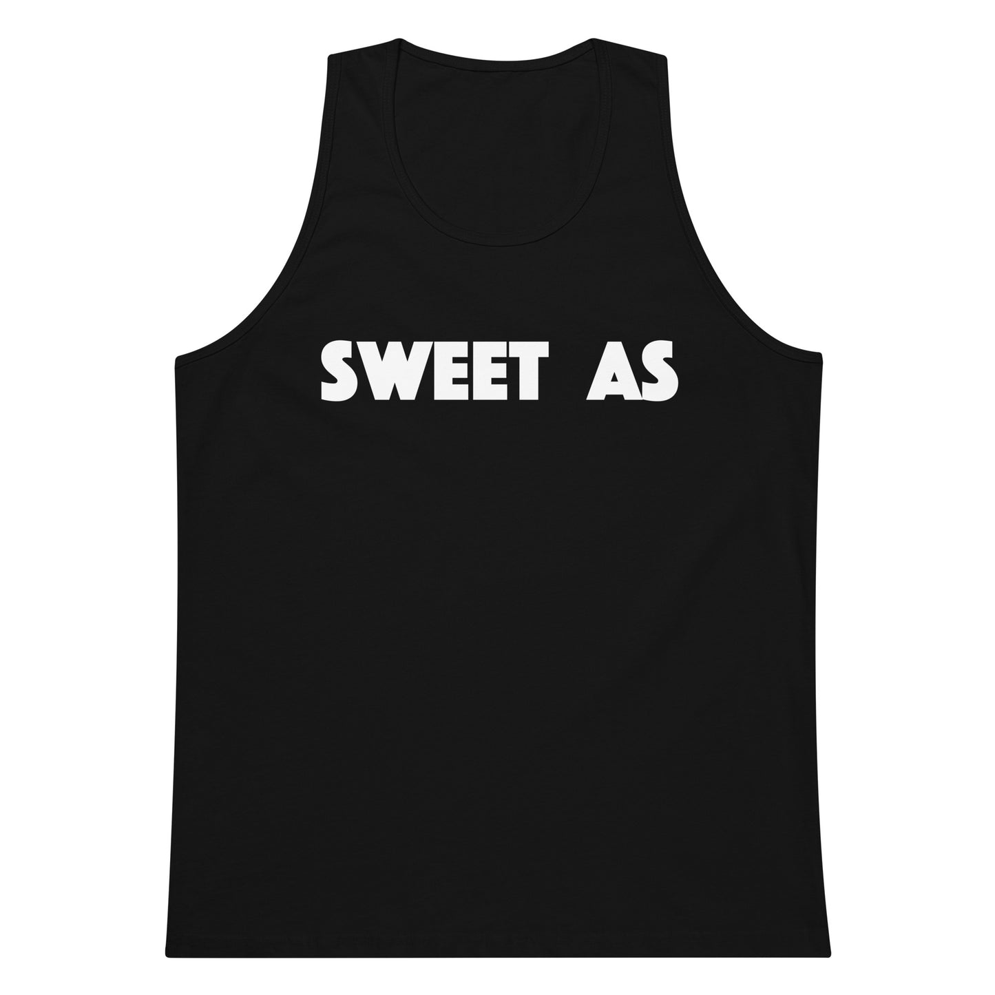 A black sleeveless tank top with the words 'SWEET AS' printed in bold white capital letters across the chest, shown on a plain white background.