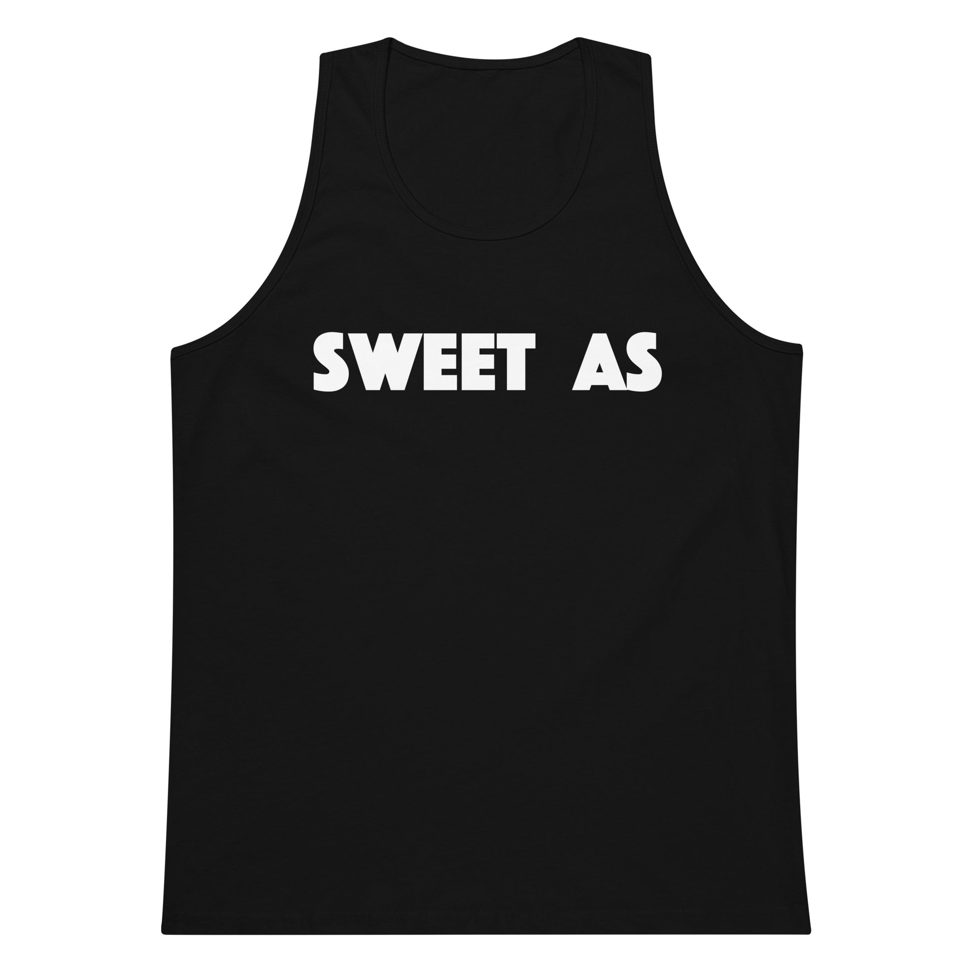 A black sleeveless tank top with the words 'SWEET AS' printed in bold white capital letters across the chest, shown on a plain white background.