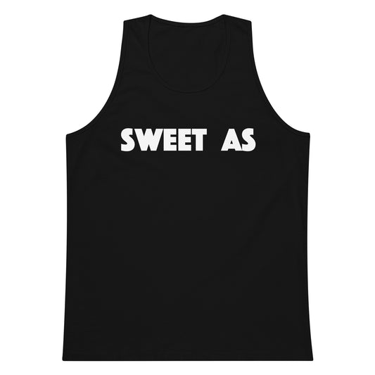 A black sleeveless tank top with the words 'SWEET AS' printed in bold white capital letters across the chest, shown on a plain white background.