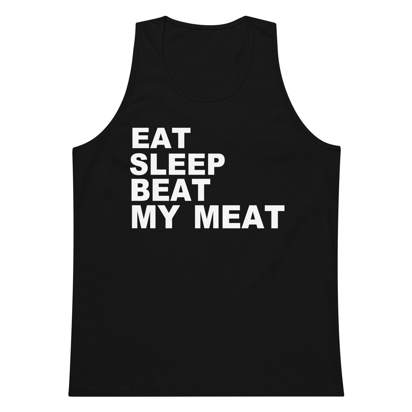 A royal blue sleeveless tank top with the phrase 'EAT SLEEP BEAT MY MEAT' printed in bold white capital letters on the front, displayed against a solid white background.