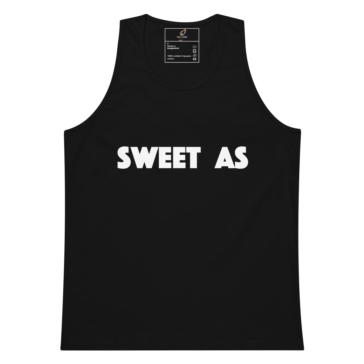 A black sleeveless tank top with the words 'SWEET AS' printed in bold white capital letters across the chest, shown on a plain white background.