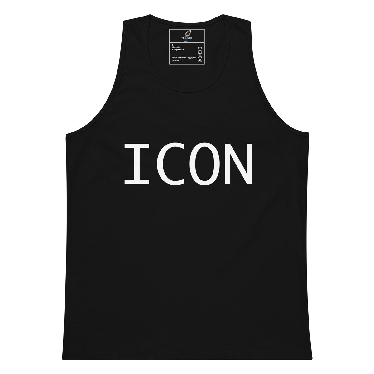 Black tank top with 'ICON' printed on it against a white background