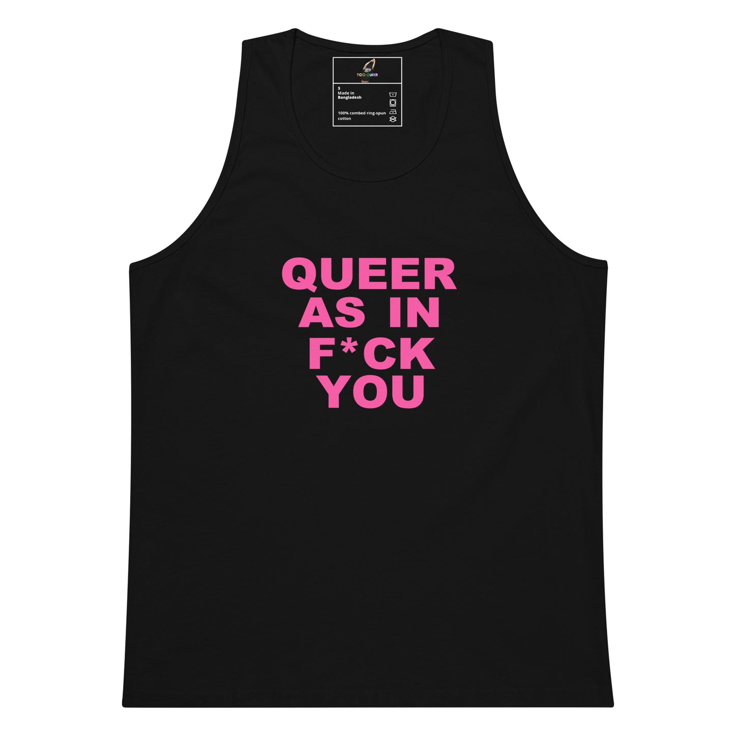Black tank top with pink text on a white background