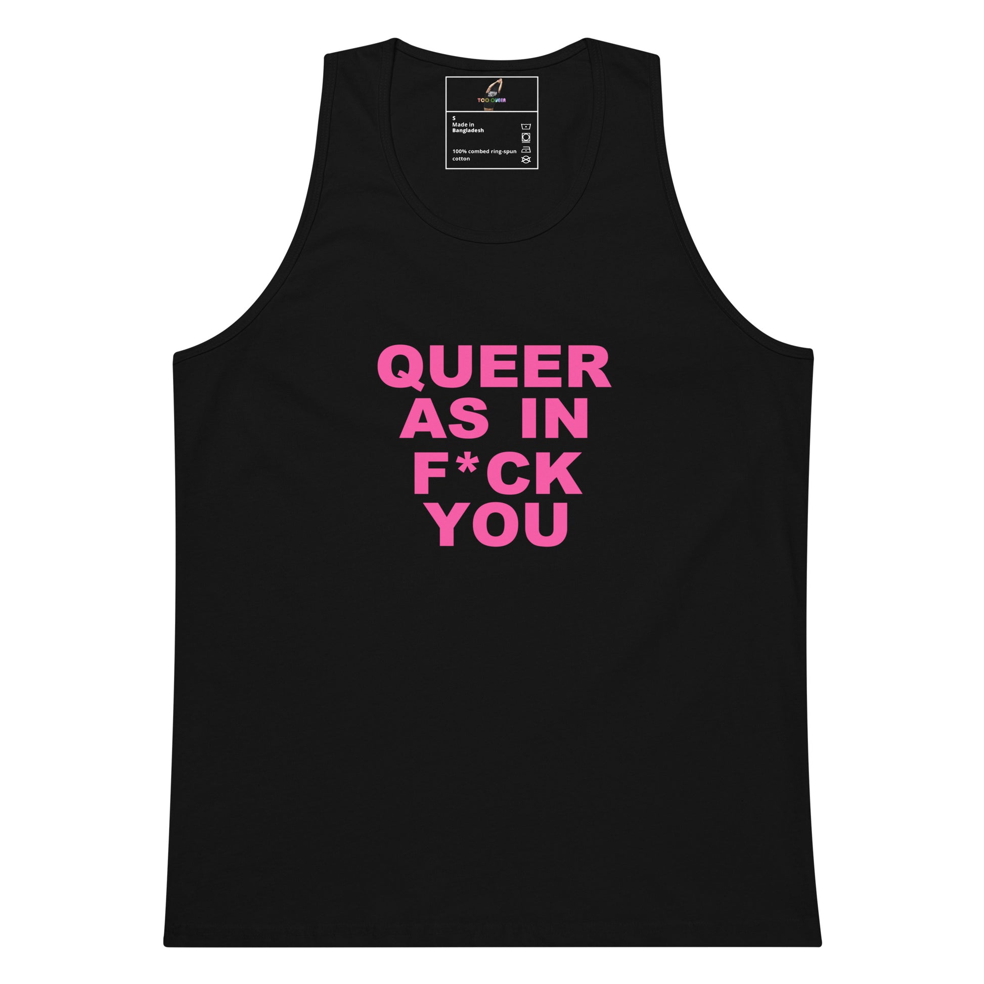 Black tank top with pink text on a white background