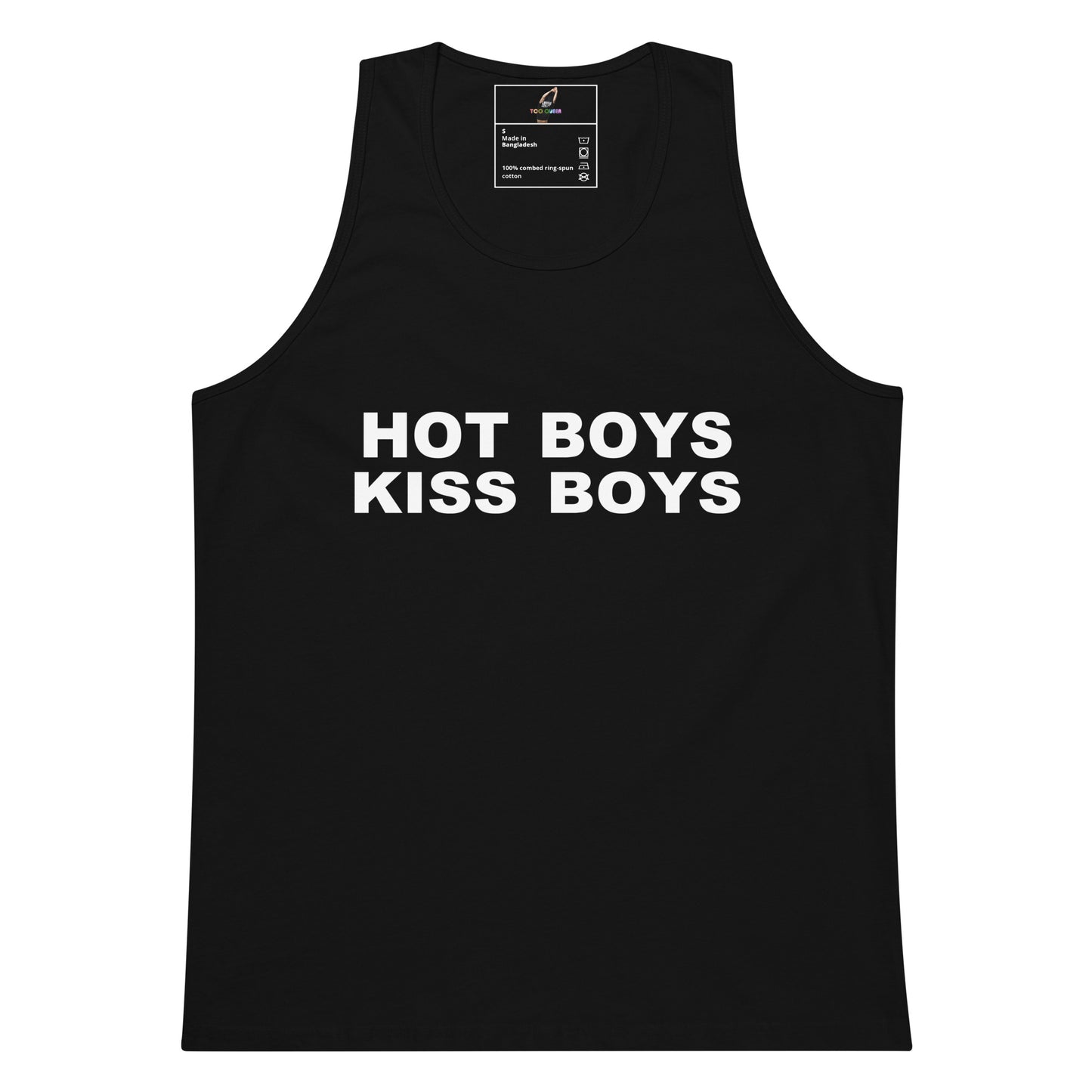A black sleeveless tank top with the phrase 'HOT BOYS KISS BOYS' printed in bold white capital letters across the chest, shown on a plain white background.