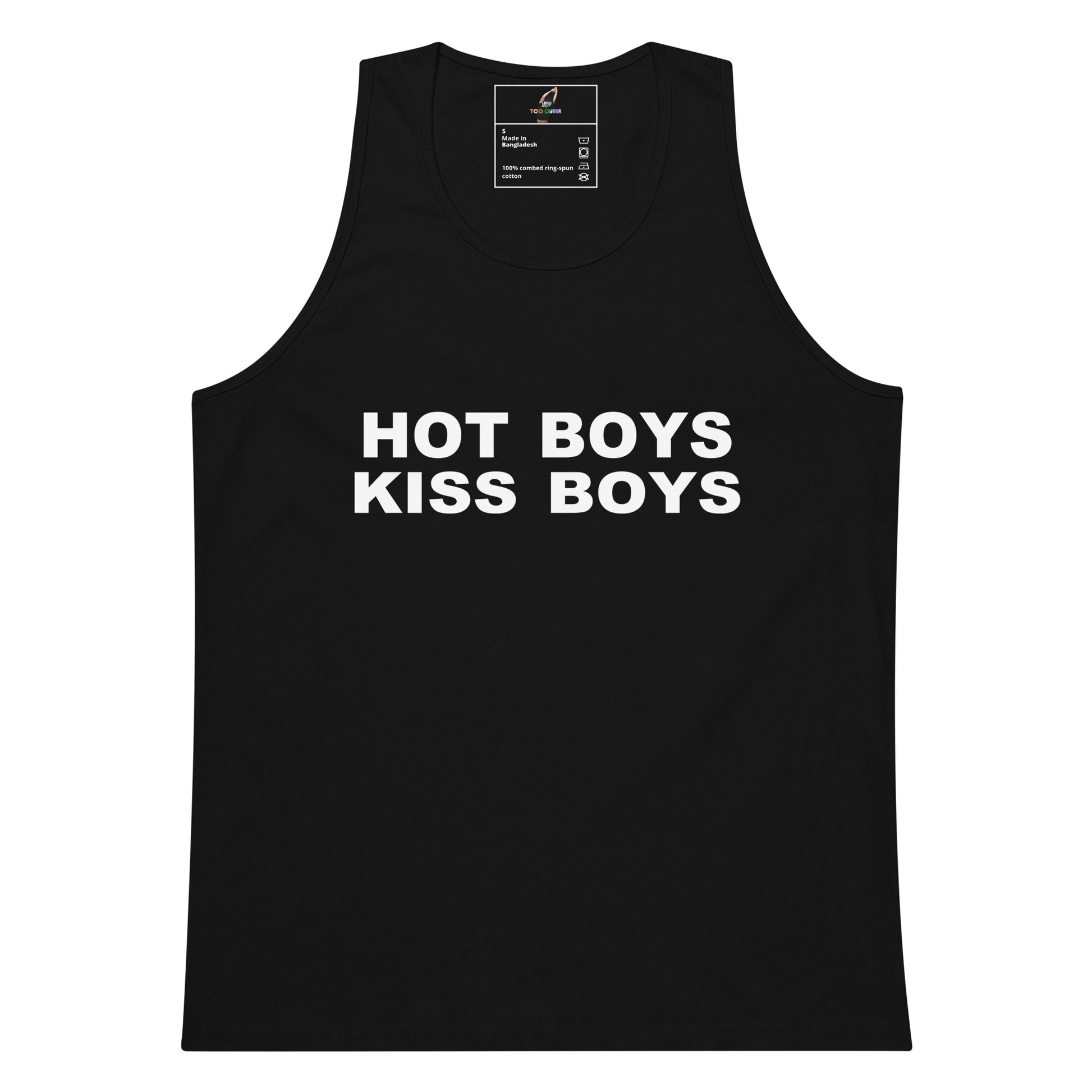 A black sleeveless tank top with the phrase 'HOT BOYS KISS BOYS' printed in bold white capital letters across the chest, shown on a plain white background.