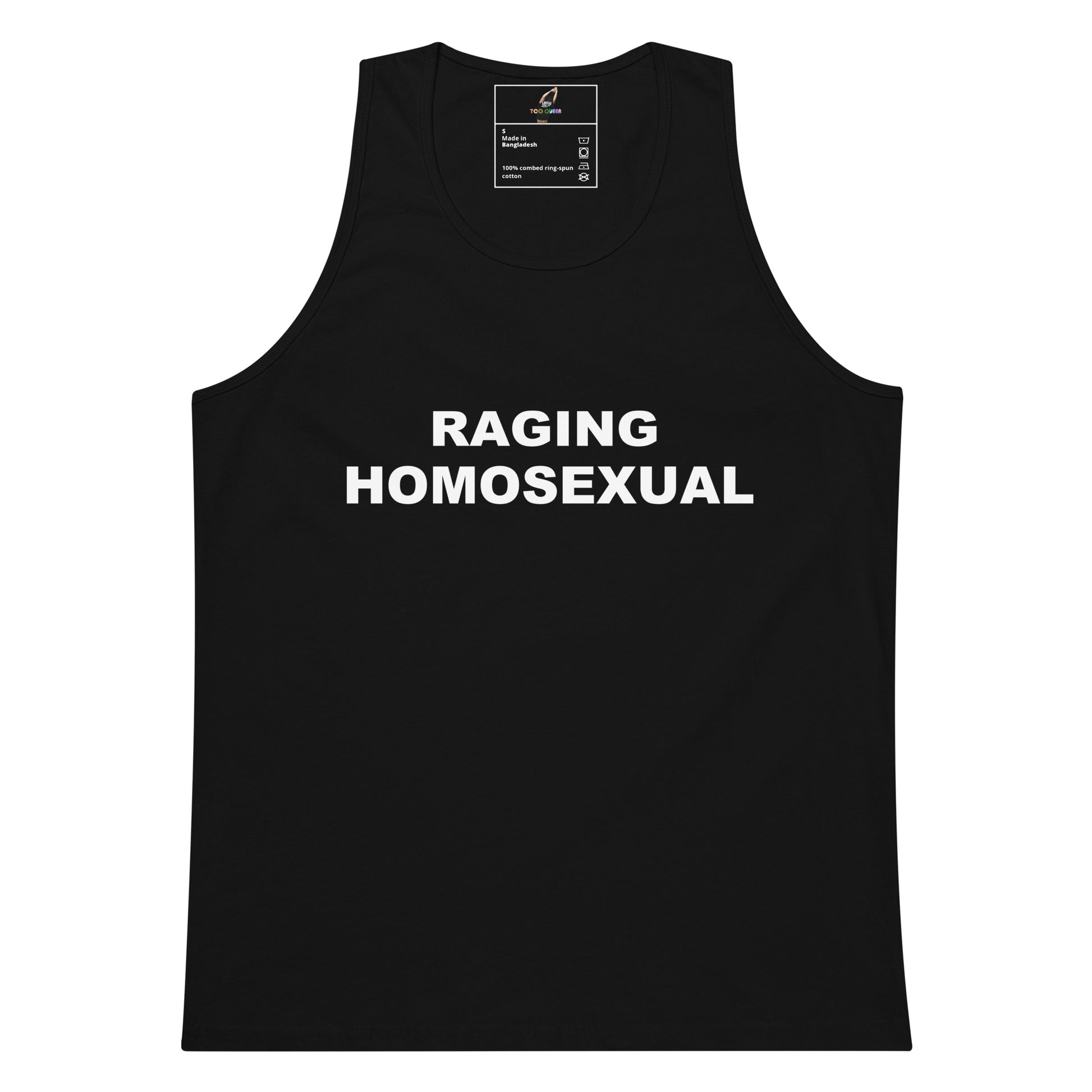 A black sleeveless tank top with the words 'RAGING HOMOSEXUAL' printed in bold white capital letters across the chest, shown on a plain white background.