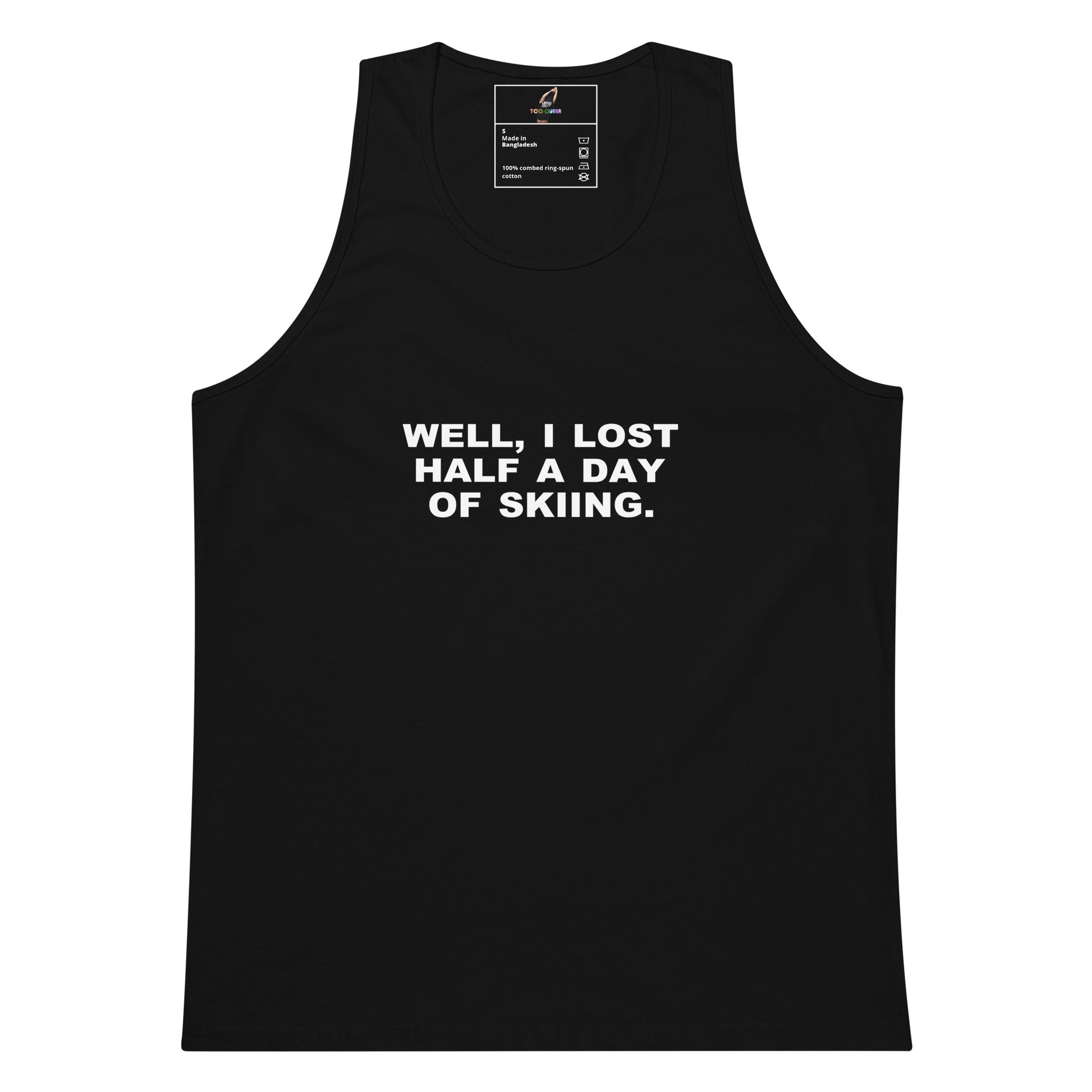 Navy tank top with 'BE' design on a white background