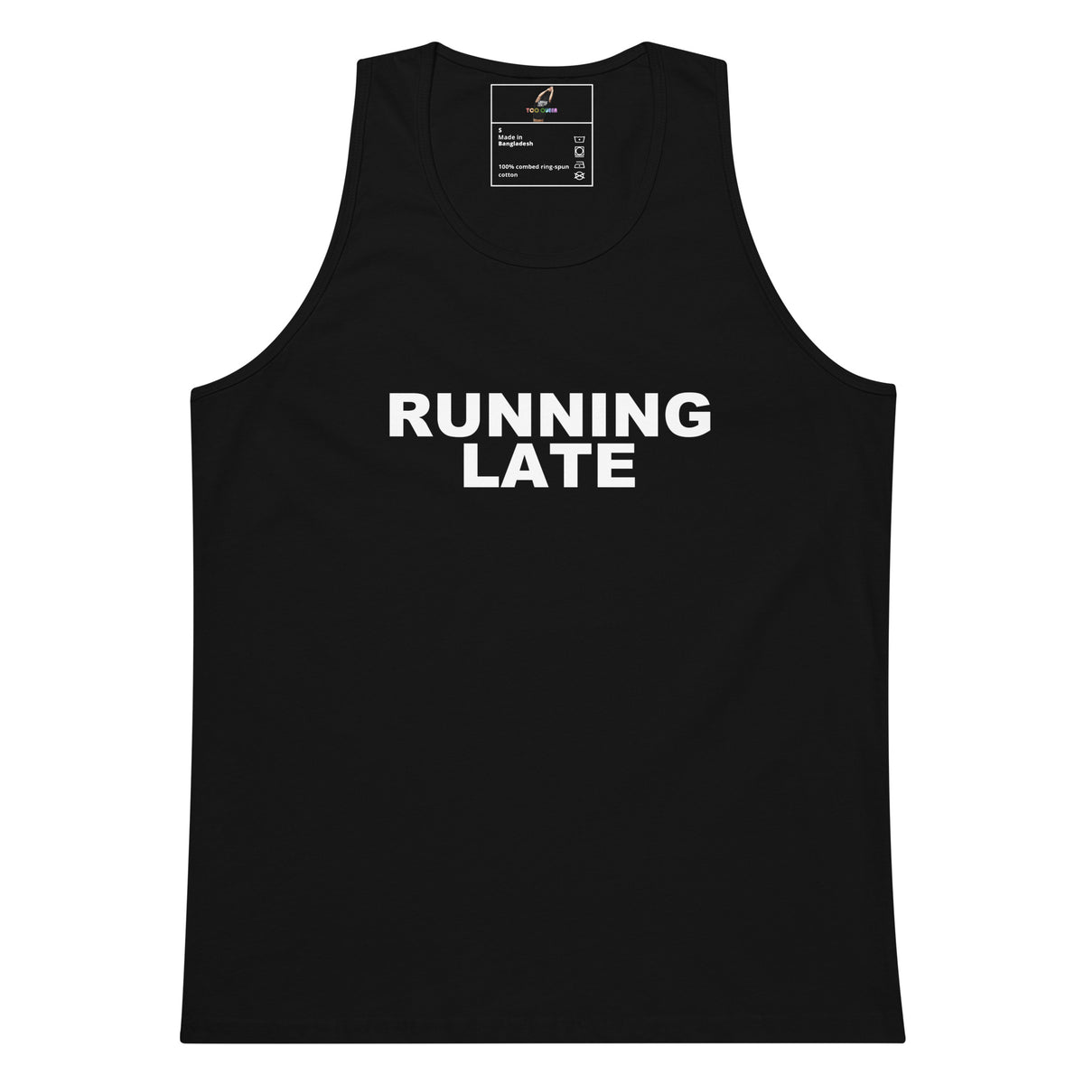 A black sleeveless tank top with the words 'RUNNING LATE' printed in bold white capital letters across the chest, shown on a plain white background.