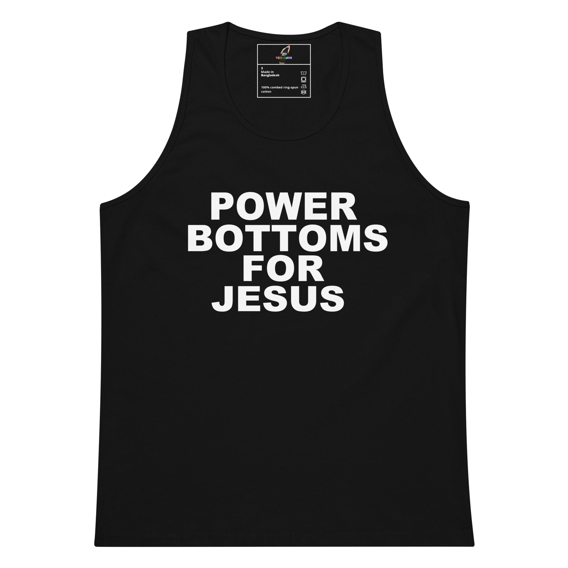 A black sleeveless tank top with bold white text reading 'POWER BOTTOMS FOR JESUS' across the front, shown on a plain white background.