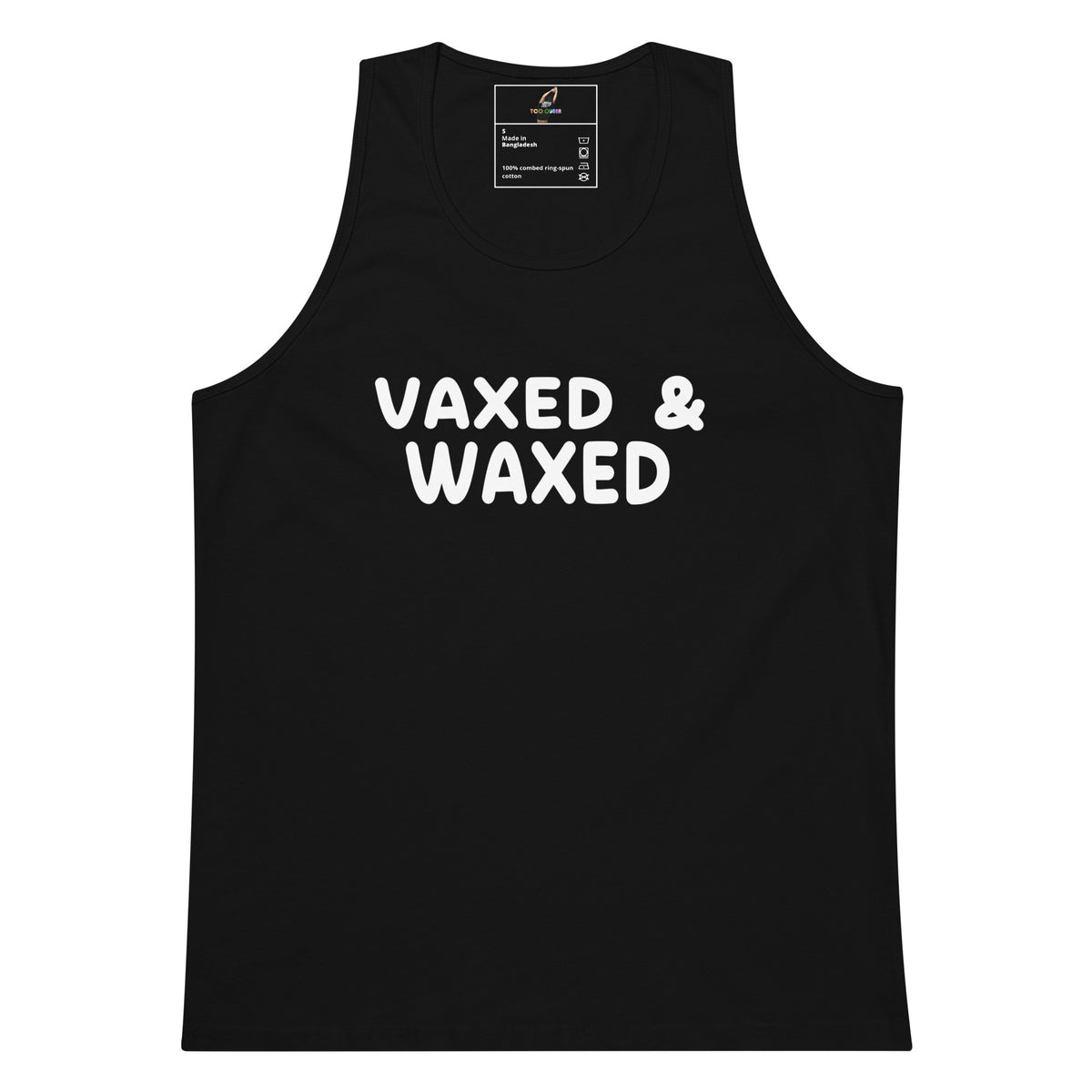 A black sleeveless tank top with the words 'VAXED & WAXED' printed in bold white letters across the chest, shown on a plain white background.