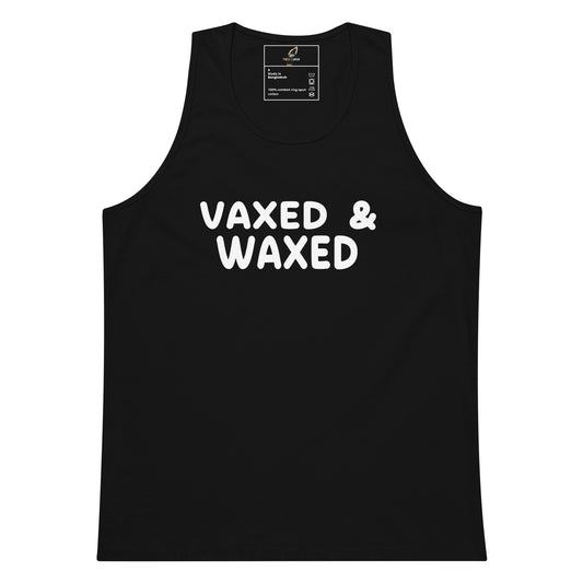 A black sleeveless tank top with the words 'VAXED & WAXED' printed in bold white letters across the chest, shown on a plain white background.