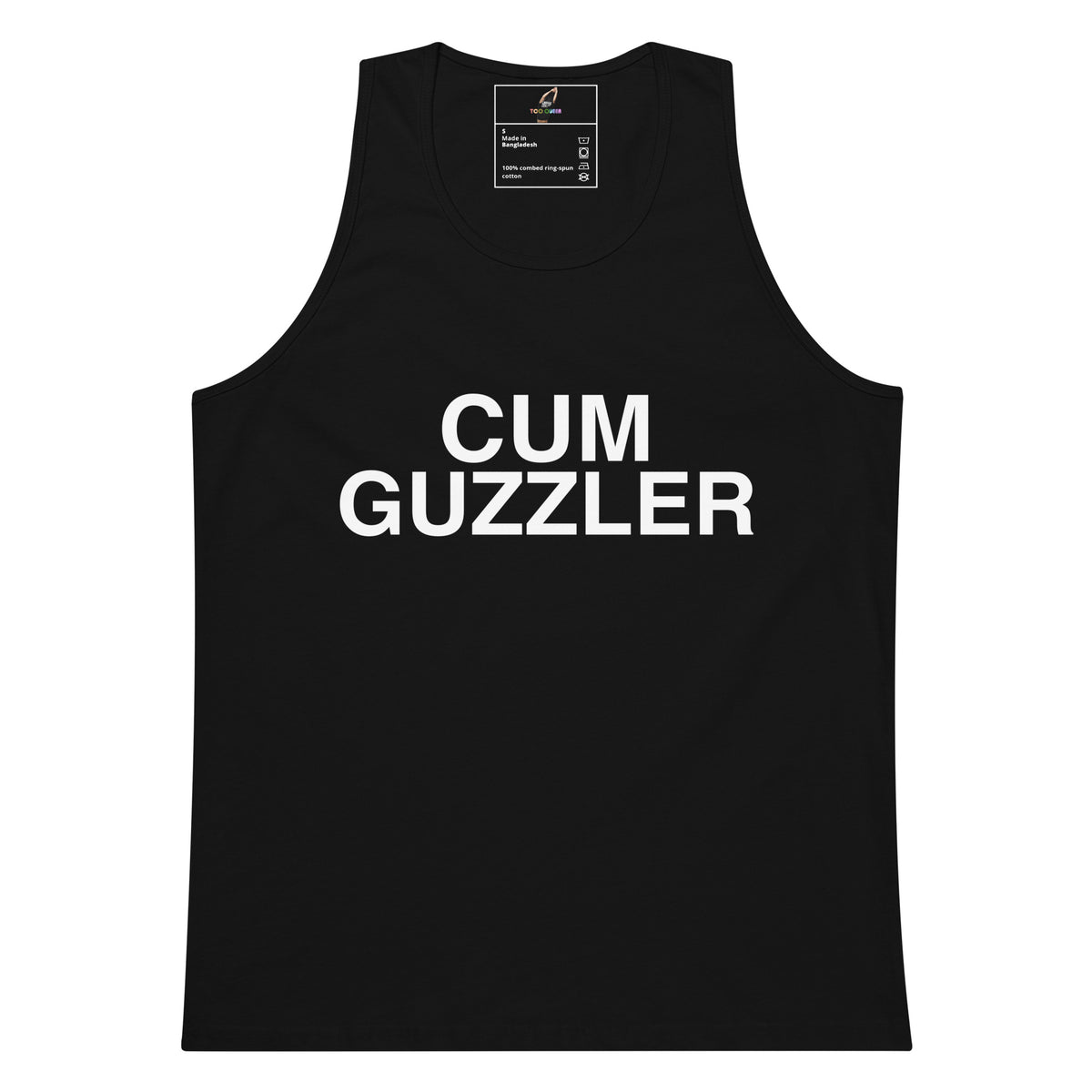 A black sleeveless tank top with the words 'CUM GUZZLER' printed in bold white capital letters across the chest, shown on a plain white background.