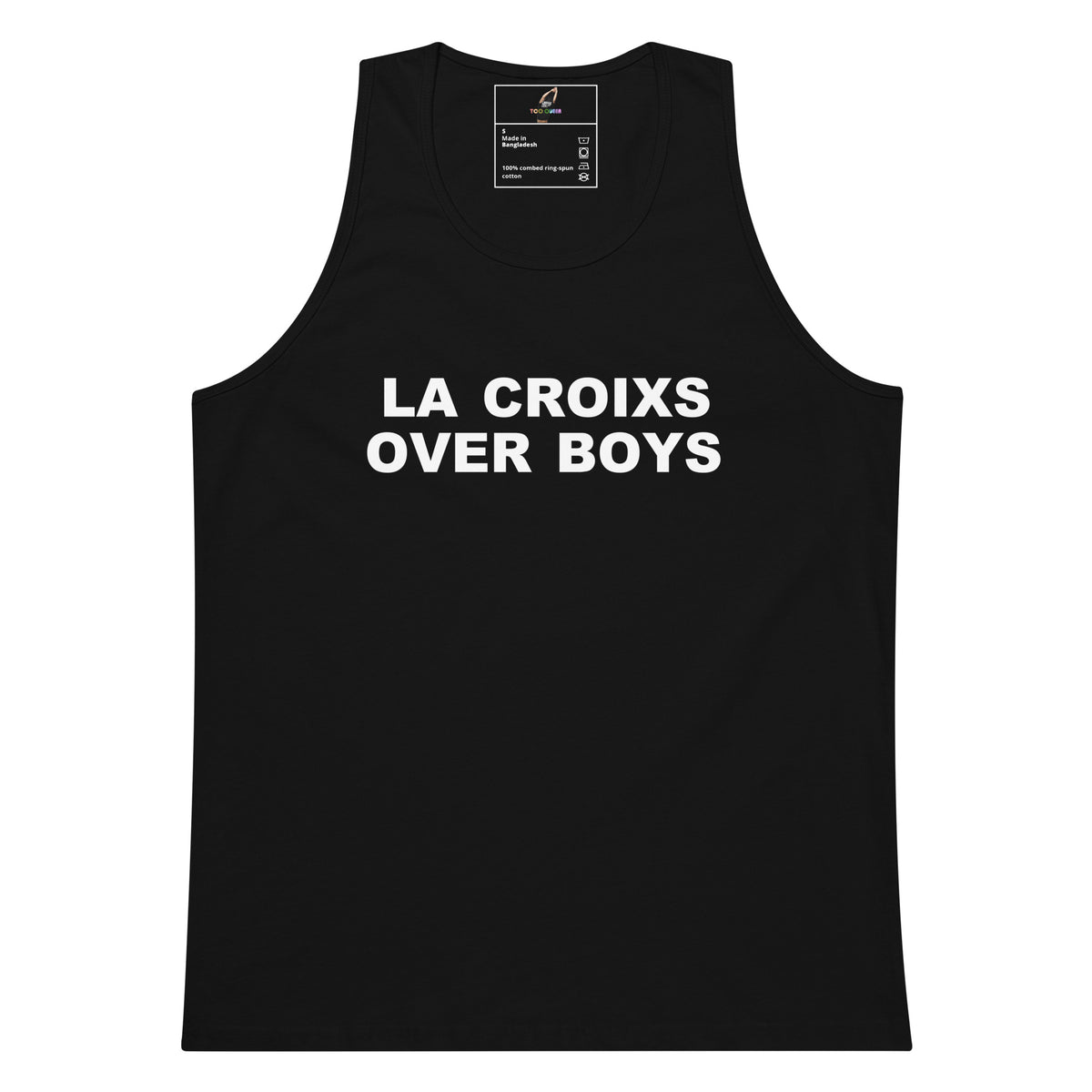 A black sleeveless tank top with the phrase 'LA CROIXS OVER BOYS' printed in bold white capital letters across the chest, shown against a plain white background.