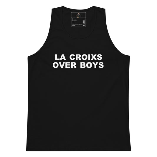 A black sleeveless tank top with the phrase 'LA CROIXS OVER BOYS' printed in bold white capital letters across the chest, shown against a plain white background.