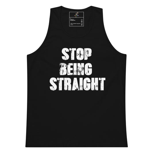 A royal blue sleeveless tank top with the phrase 'STOP BEING STRAIGHT' printed in distressed white block letters across the front, shown on a plain white background.