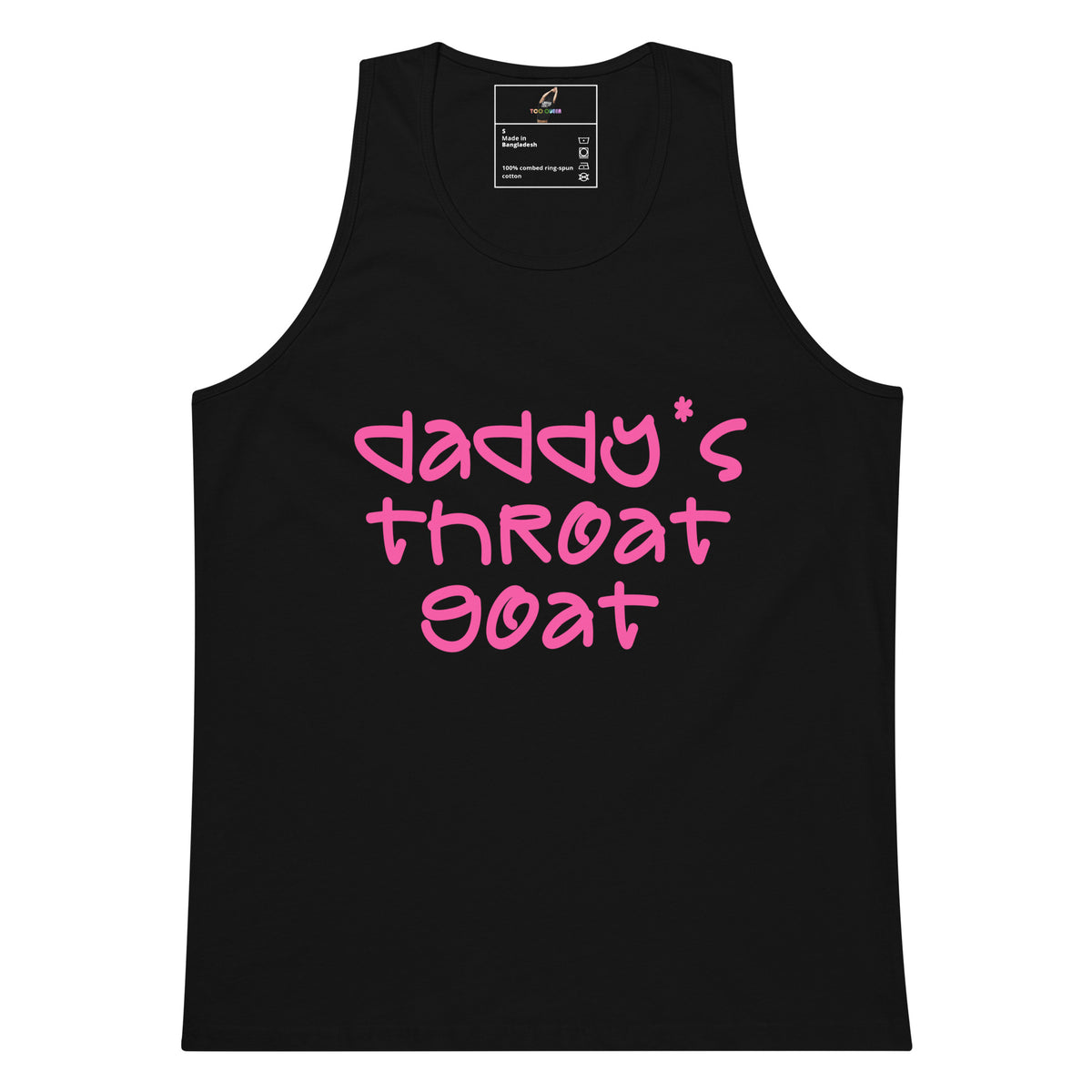 A black sleeveless tank top with the phrase 'daddy's throat goat' printed across the chest in bright pink handwritten-style lettering, shown on a plain white background.