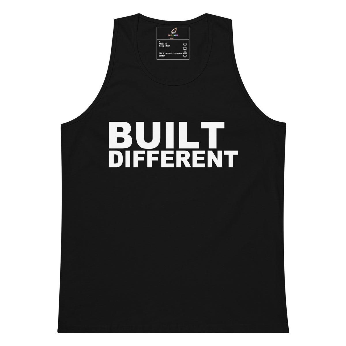 A black sleeveless tank top with the words 'BUILT DIFFERENT' printed in bold white capital letters across the chest, shown on a plain white background.