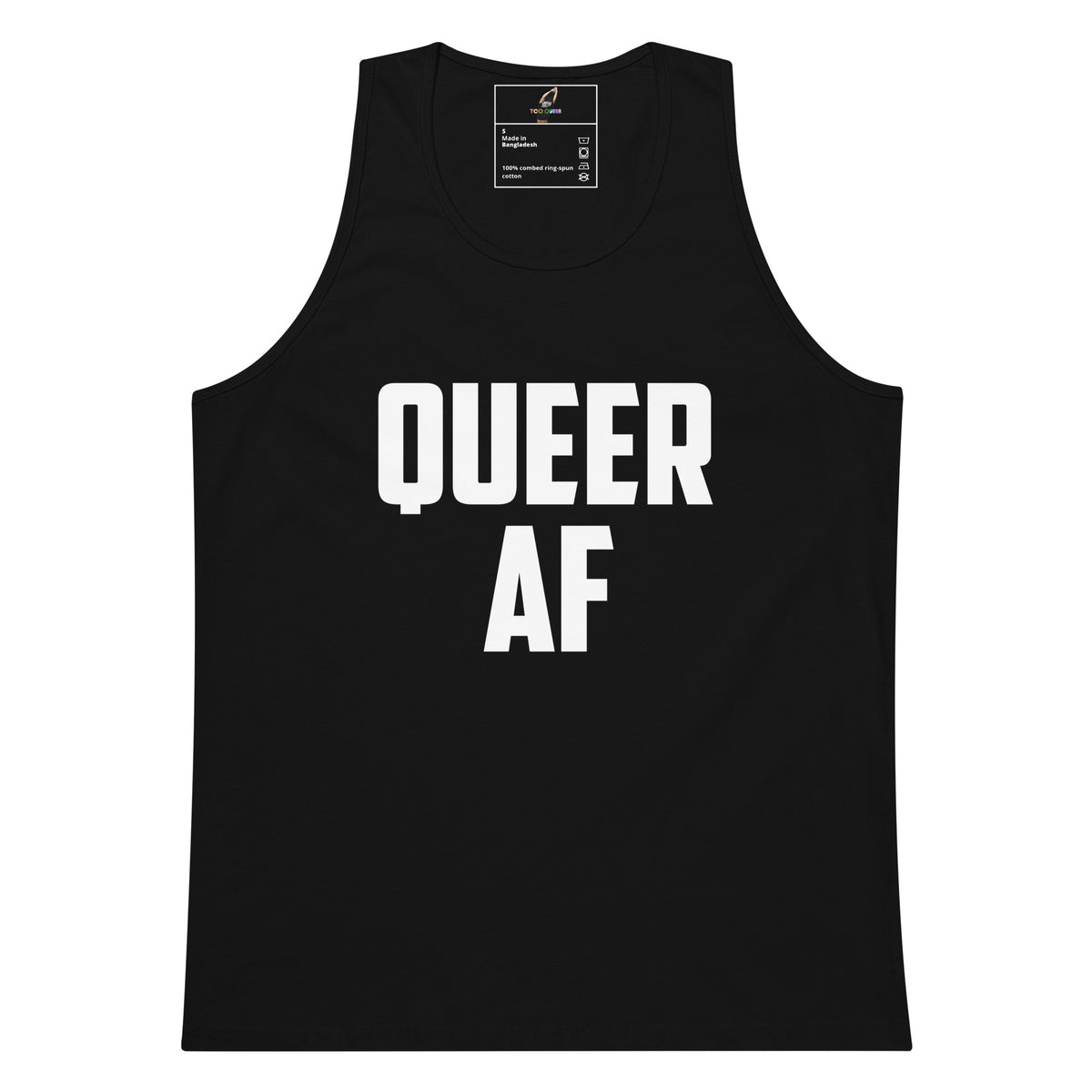 A black sleeveless tank top with the words 'QUEER AF' printed in bold white capital letters across the front, shown on a plain white background.