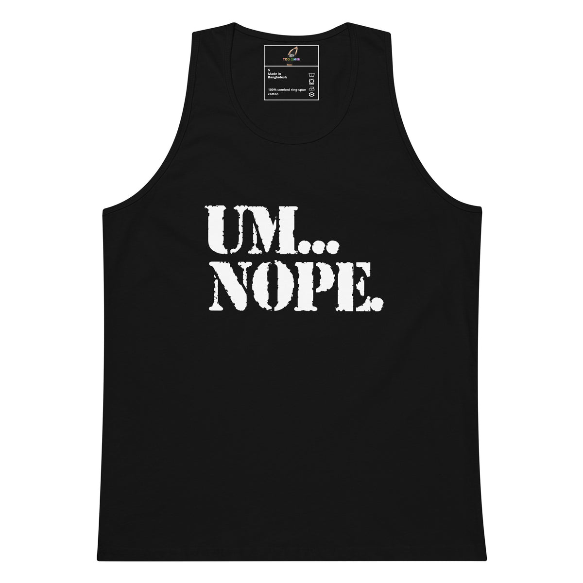 A black sleeveless tank top with the text 'UM.