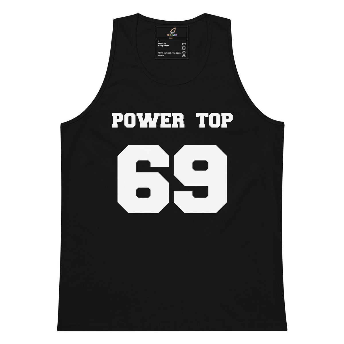 A black sleeveless tank top with 'POWER TOP' printed in white block letters above a large white '69' on the front, shown on a plain white background.