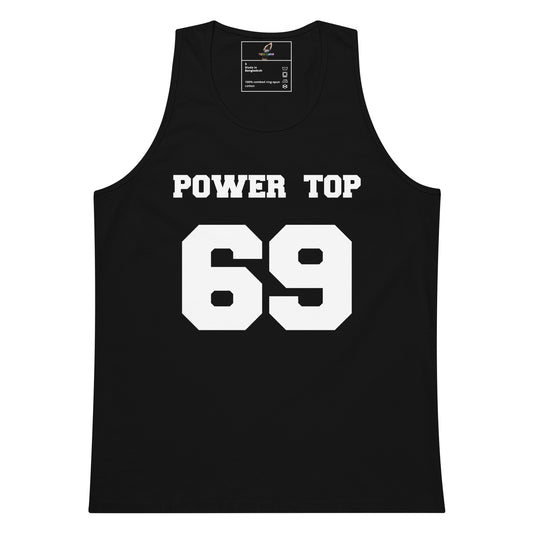 A black sleeveless tank top with 'POWER TOP' printed in white block letters above a large white '69' on the front, shown on a plain white background.