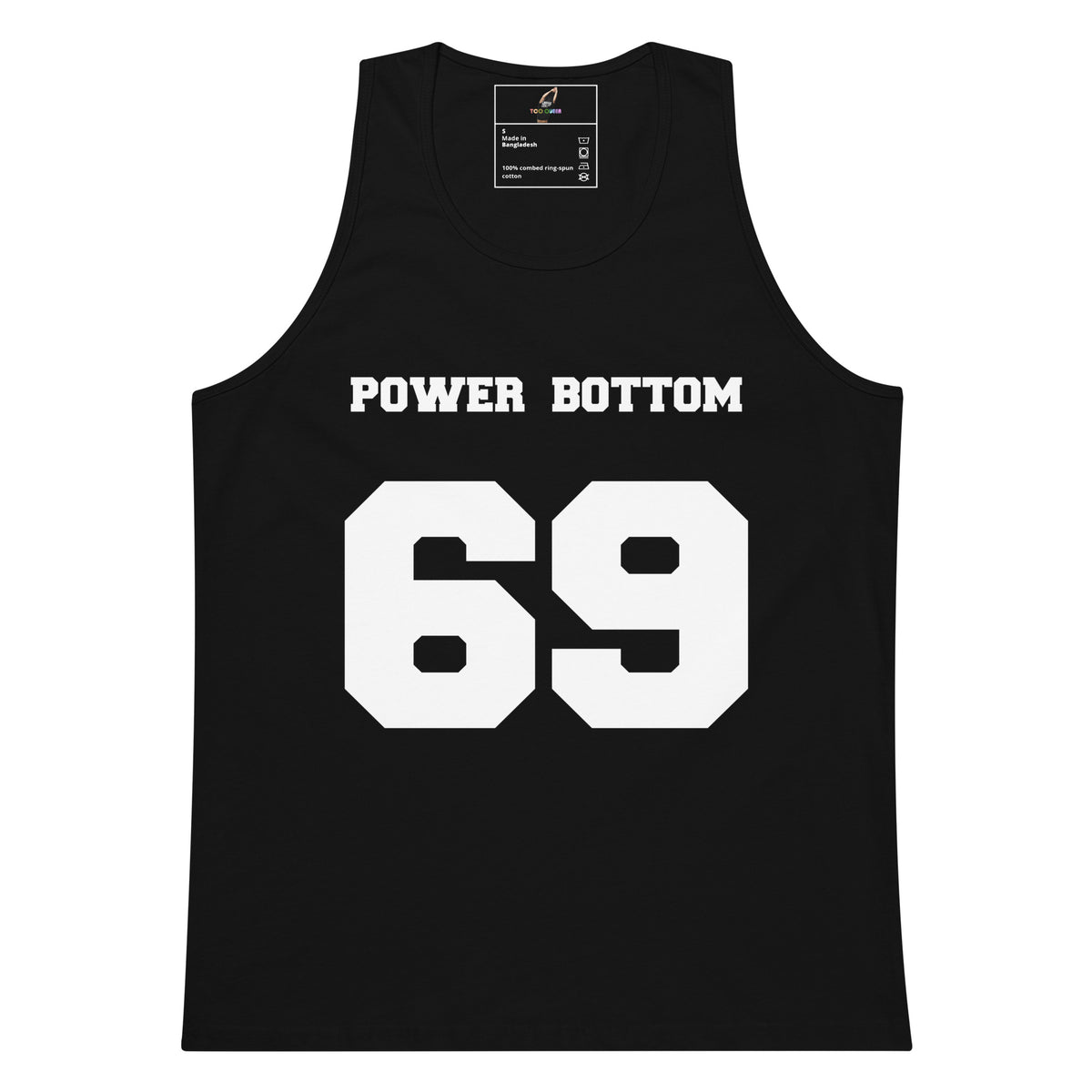 A black sleeveless tank top with 'POWER BOTTOM' printed in white block letters above a large white '69' graphic on the front, shown against a plain white background.