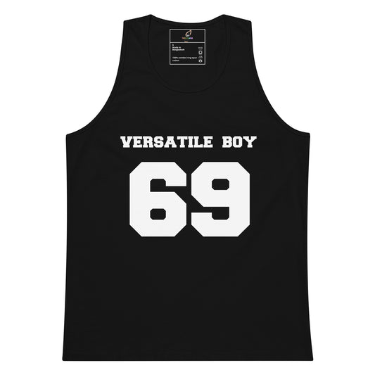 A black sleeveless tank top with 'VERSATILE BOY' and the number '69' printed in bold white block letters on the front, shown against a plain white background.