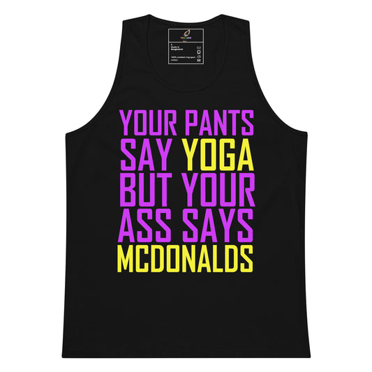 A black sleeveless tank top with a bold graphic text print in purple and yellow on the front, displayed against a solid white background.