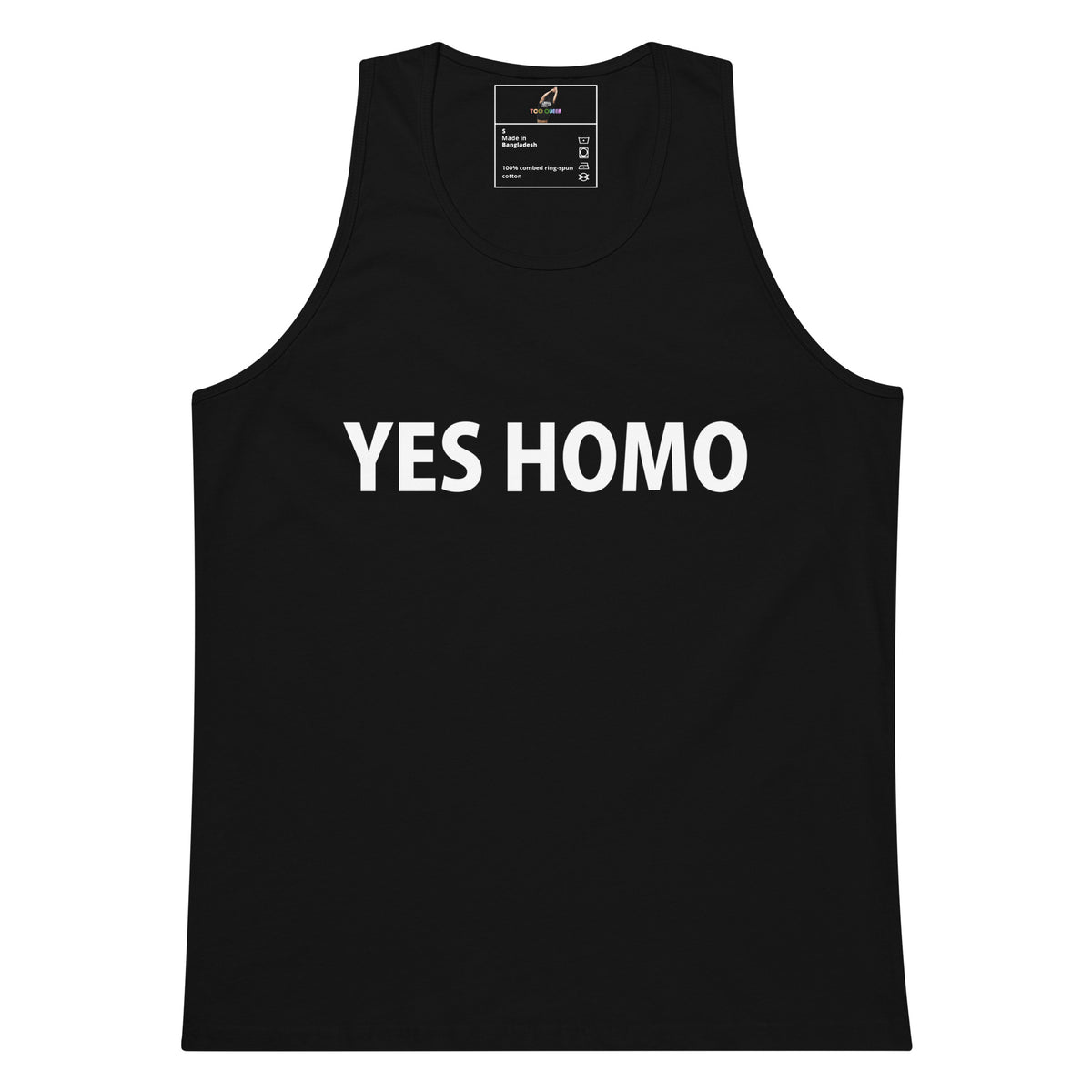 A black sleeveless tank top with the words 'YES HOMO' printed in bold white capital letters across the chest, shown on a plain white background.