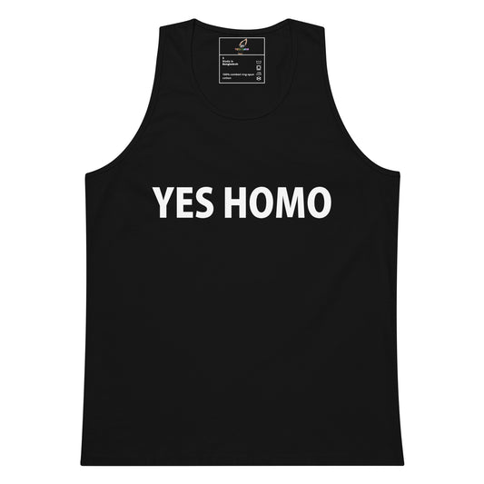 A black sleeveless tank top with the words 'YES HOMO' printed in bold white capital letters across the chest, shown on a plain white background.