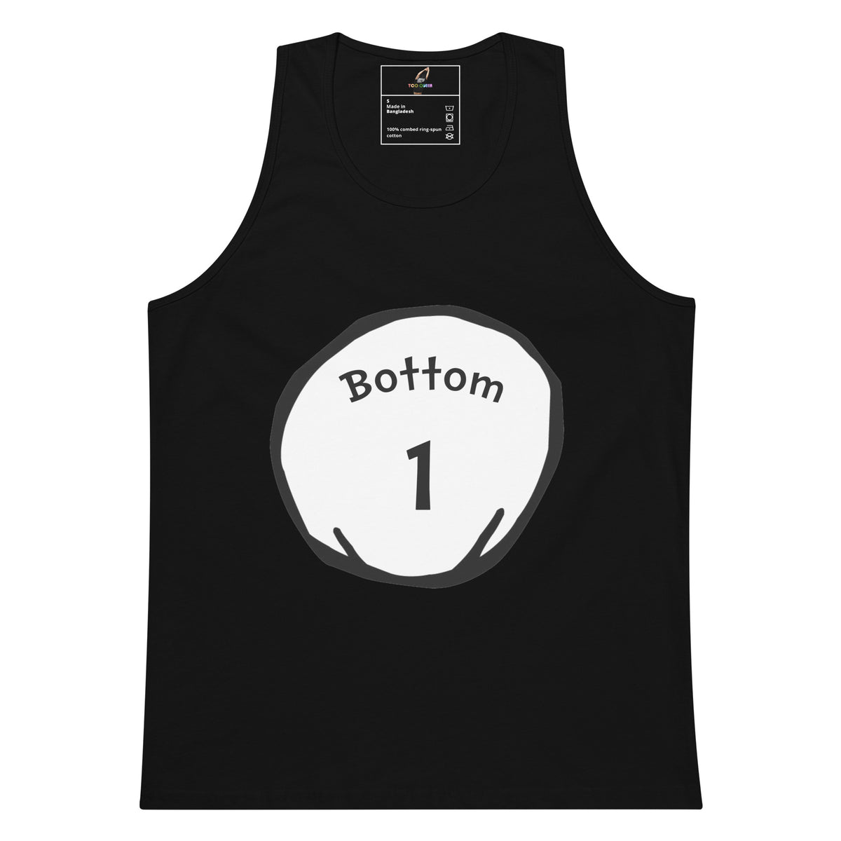 A black sleeveless tank top with a white circular graphic on the chest containing the text 'Bottom 1' in black, shown against a plain white background.