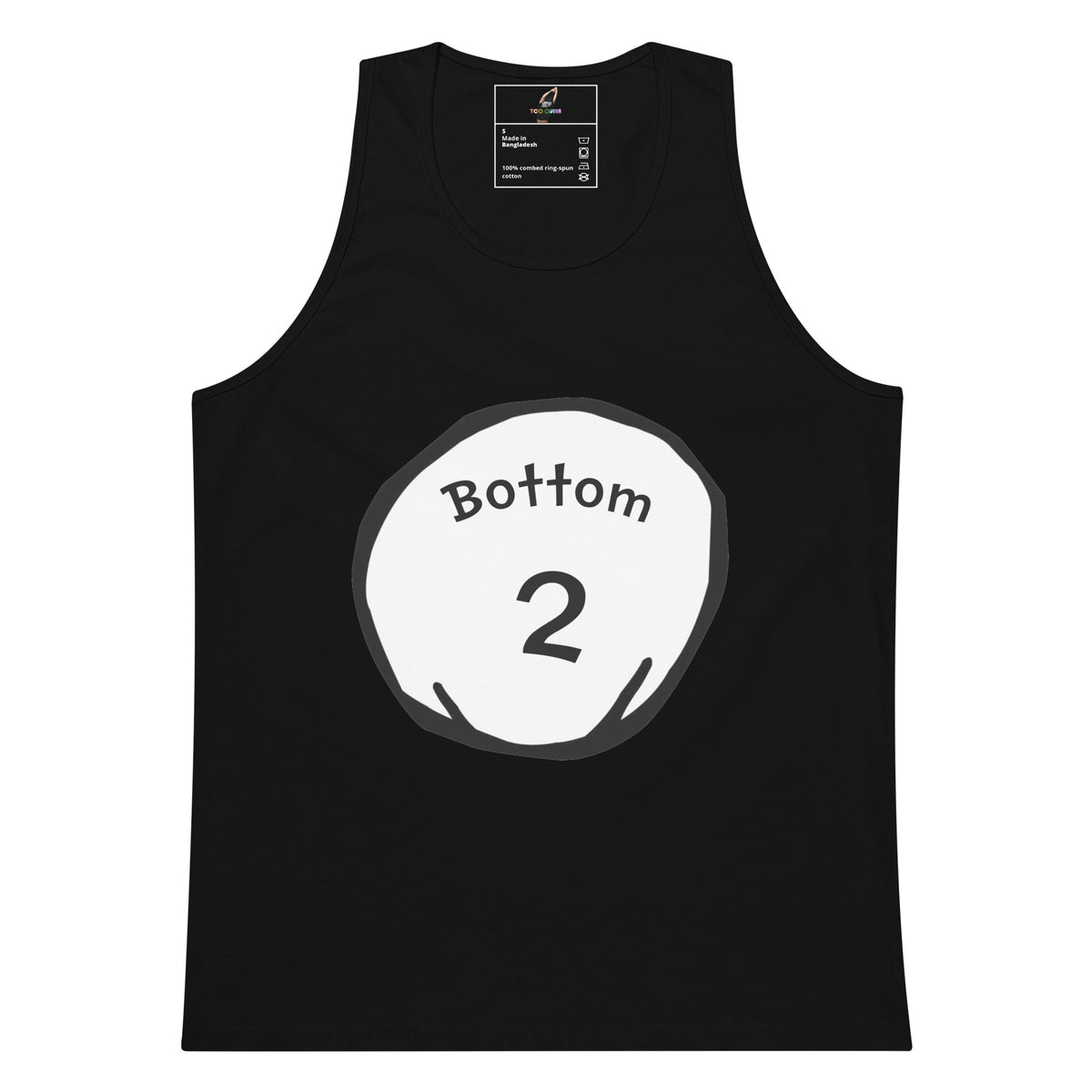 A black sleeveless tank top with a white circular graphic on the chest containing the text 'Bottom' and the number '2'.
