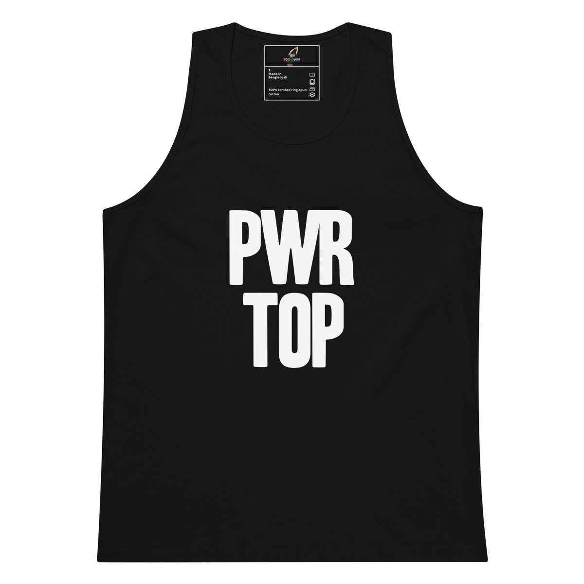 A black sleeveless tank top with the words 'PWR TOP' printed in bold white capital letters on the front, shown against a plain white background.