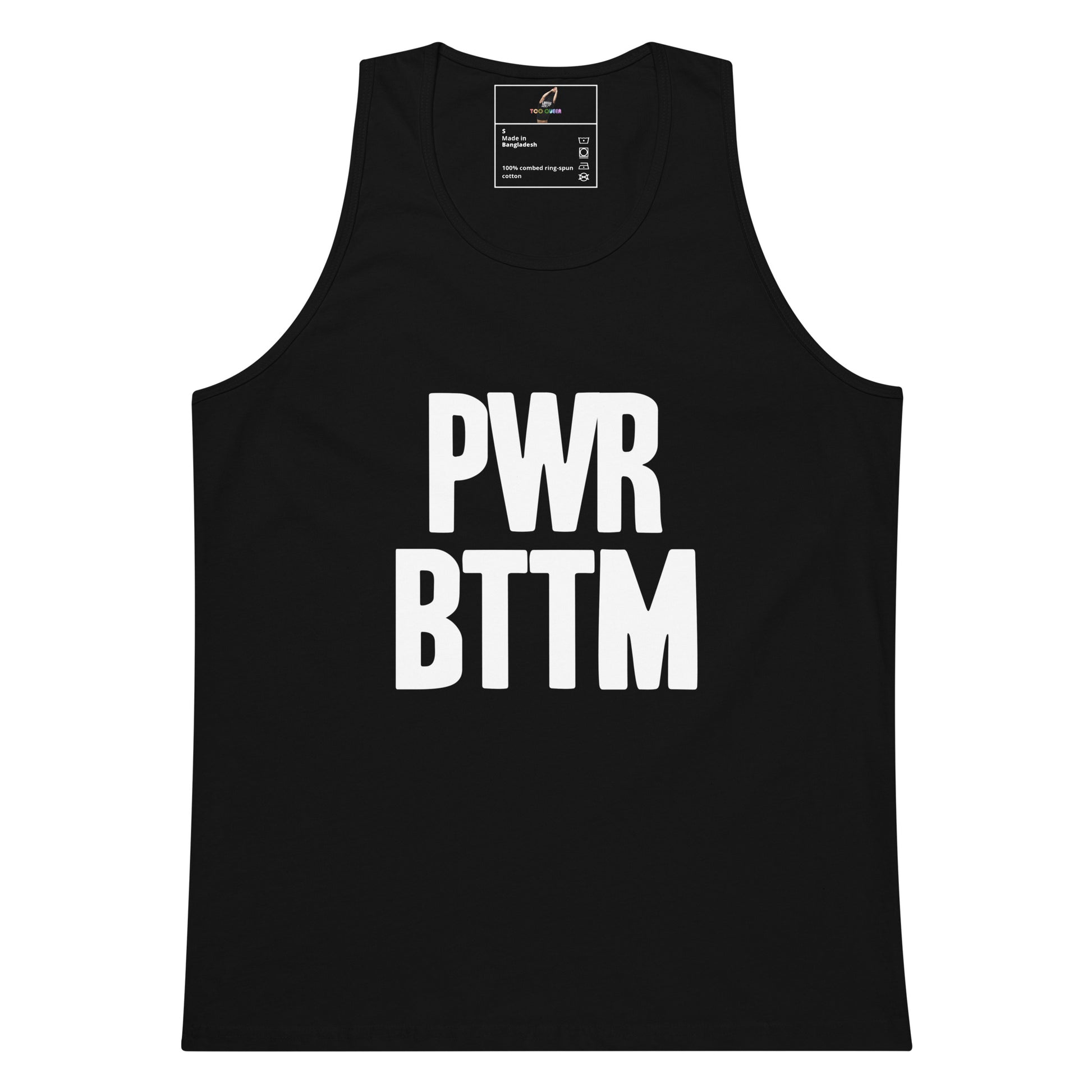 A black sleeveless tank top with the words 'PWR BTTM' printed in large white block letters across the front, shown on a plain white background.