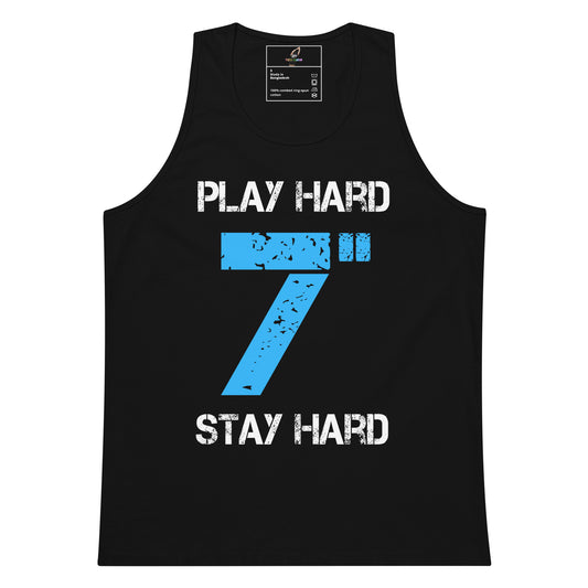 A black sleeveless tank top with a graphic print on the front. The design features the words 'PLAY HARD' in white distressed text above a large blue distressed number 7, and 'STAY HARD' in white distressed text below.