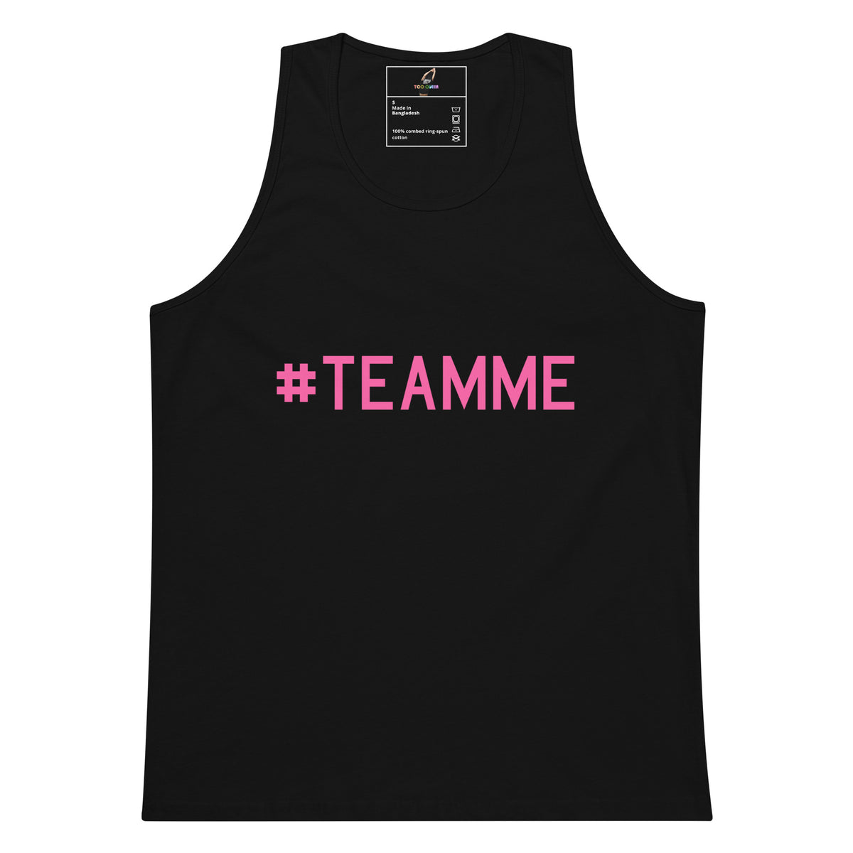 A black sleeveless tank top with the text '#TEAMME' printed in bright pink across the chest, shown flat against a plain white background.