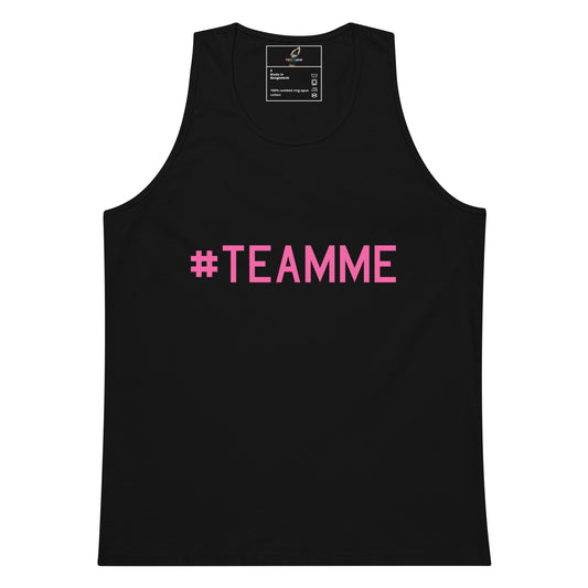 A black sleeveless tank top with the text '#TEAMME' printed in bright pink across the chest, shown flat against a plain white background.