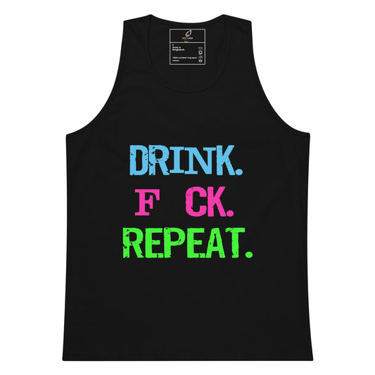 A black sleeveless tank top with the text 'DRINK. F*CK.
